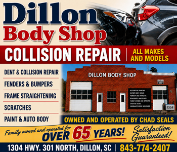 Dillon Body Shop advertisement for collision repair, offering services like dent repair, painting, and more. Includes contact details and highlights over 65 years of family ownership.