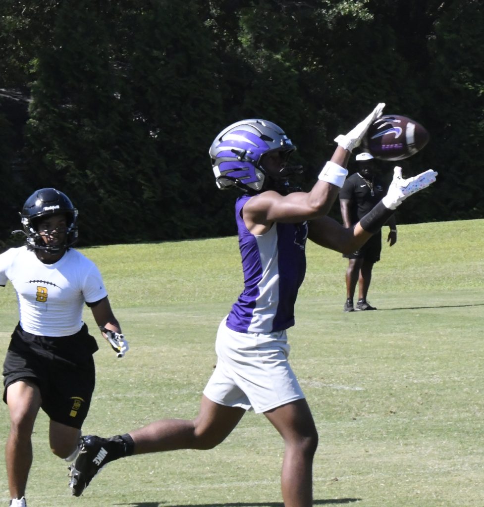 A football player in purple gear catches a ball mid-air while a defender in white chases behind on a grassy field.