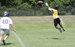 A football player in a yellow jersey jumps to catch a football while another player approaches on a grassy field.