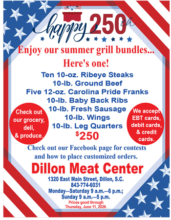 Patriotic-themed flyer advertising Dillon Meat Center’s $250 summer grill bundle, listing various meats included and store information, with red, white, and blue borders and decorative stars.