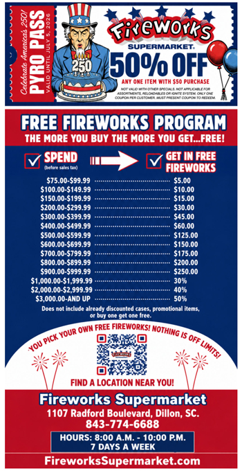 Fireworks Supermarket coupon offering 50% off, free fireworks program based on spending amount, and store details for Fireworks Supermarket in Dillon, SC.