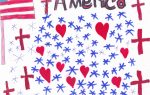 Hand-drawn American flag, word "America," red crosses, blue asterisks, and red hearts scattered on a white background.