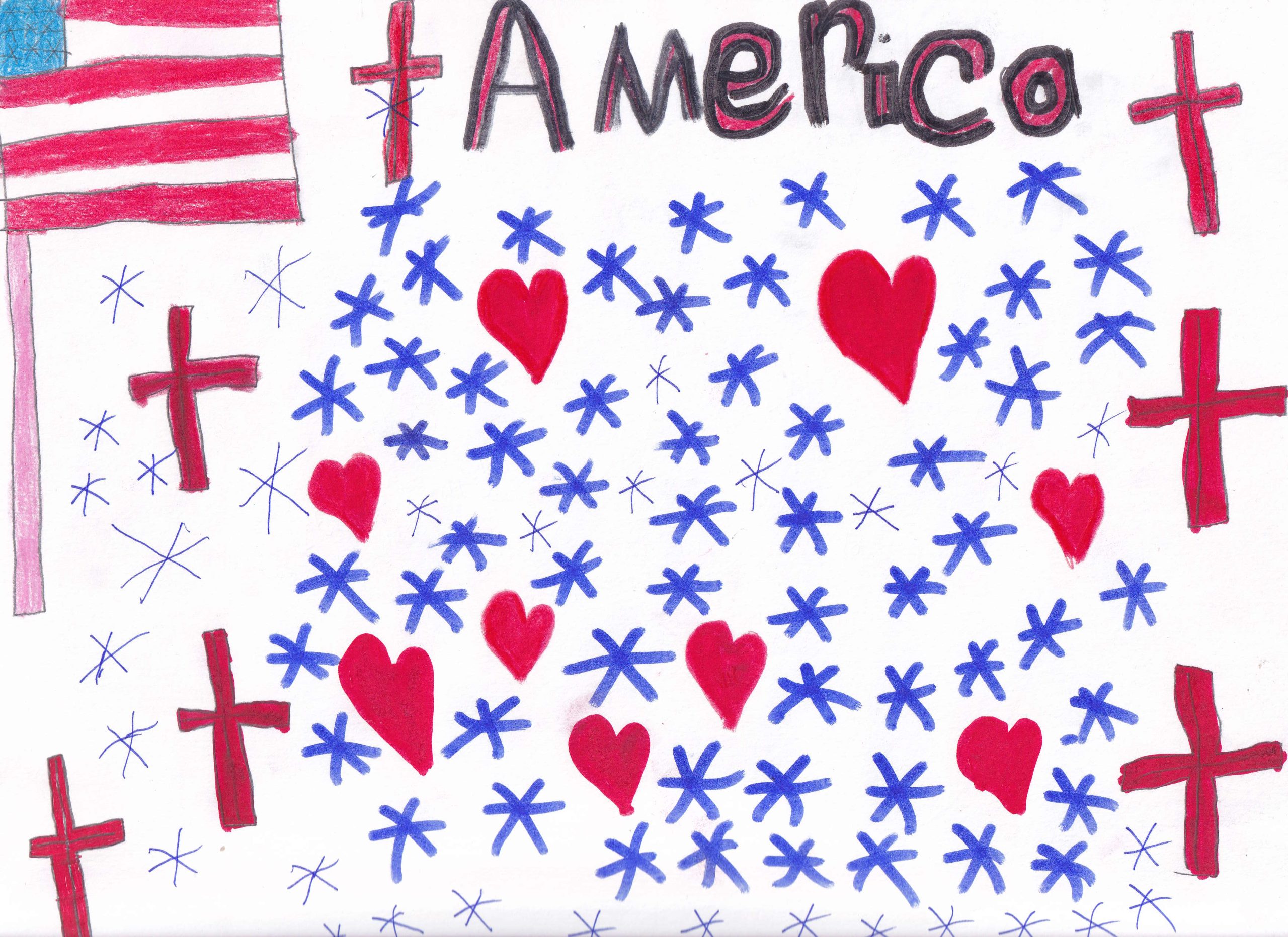 Hand-drawn American flag, word "America," red crosses, blue asterisks, and red hearts scattered on a white background.