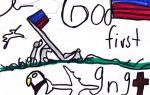 Child’s drawing with American flag, eagle, cross, planes, and text “God first.” Includes a Bible verse reference, simple black lines, green grass, and bright colors.