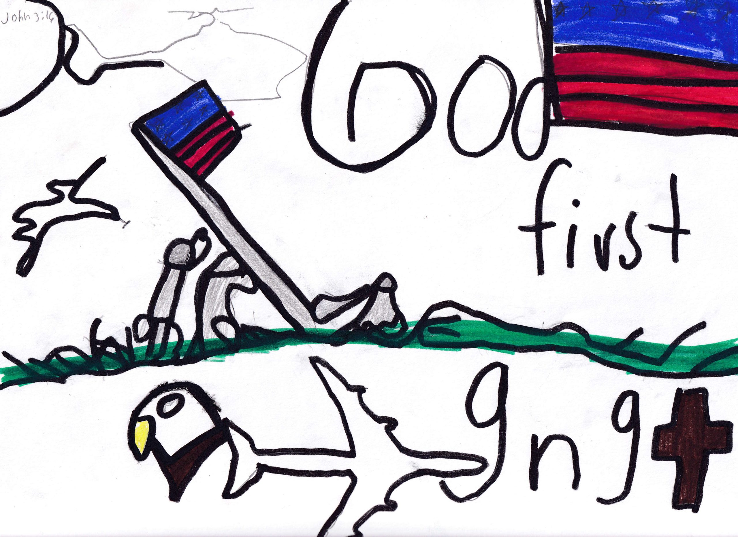 Child’s drawing with American flag, eagle, cross, planes, and text “God first.” Includes a Bible verse reference, simple black lines, green grass, and bright colors.
