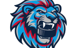 Stylized blue and red lion head logo with an angry expression, holding a black hockey puck in its mouth, on a white background.