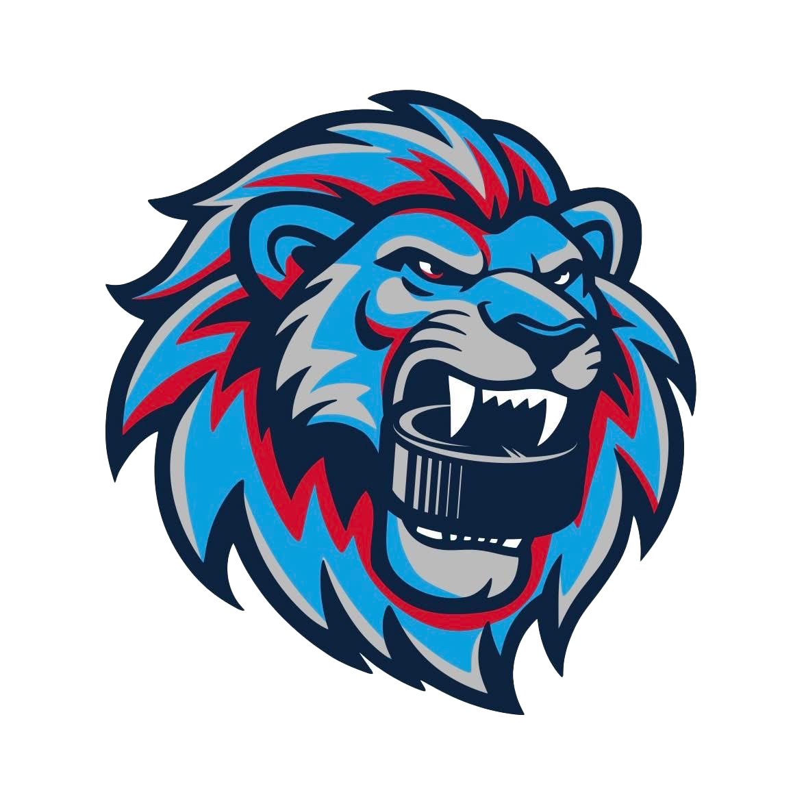 Stylized blue and red lion head logo with an angry expression, holding a black hockey puck in its mouth, on a white background.