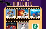 Poster for 2026 Free Movie Mondays featuring images from Toy Story, The Good Dinosaur, Finding Nemo, Spider-Man, 101 Dalmatians, and The Aristocats on a purple and yellow background.