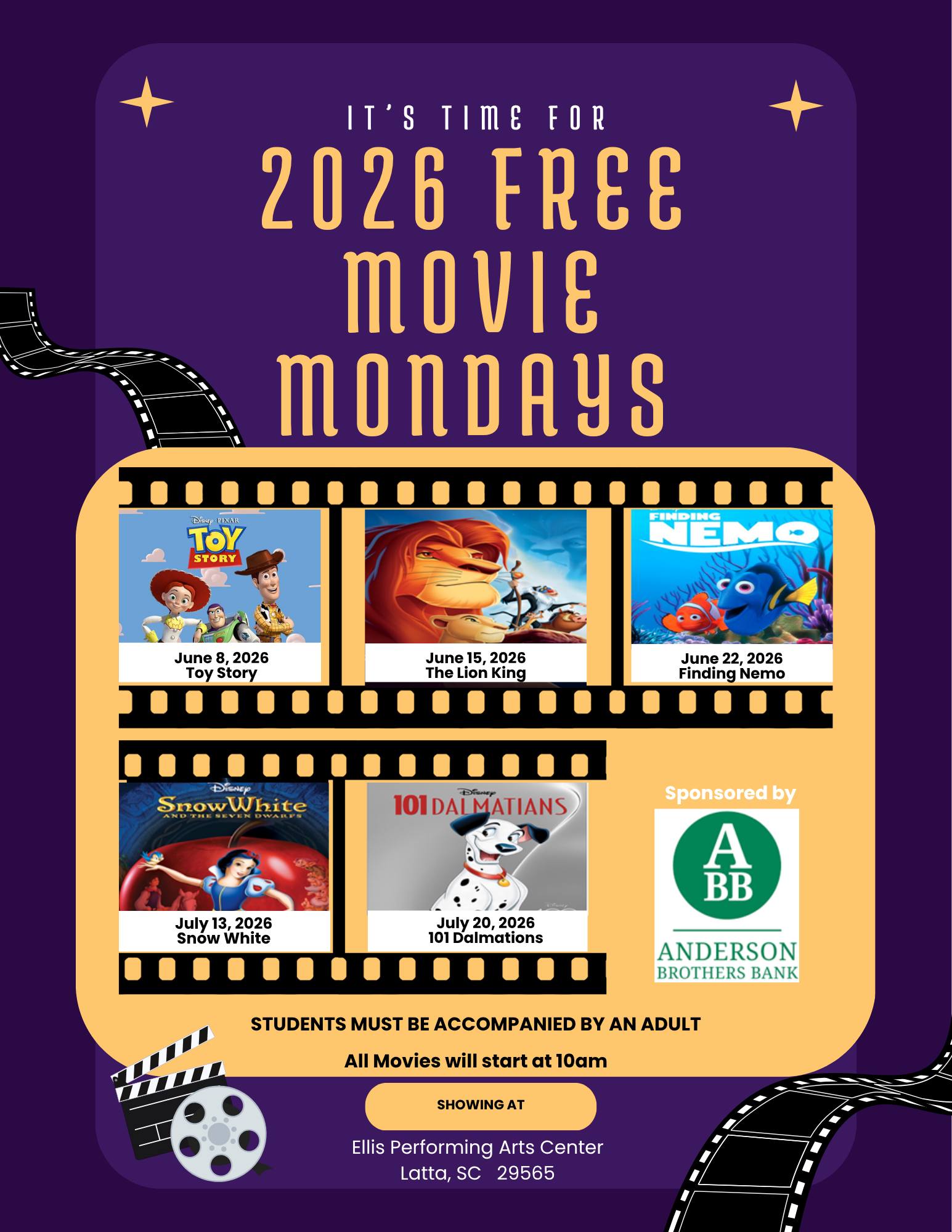 Poster for 2026 Free Movie Mondays featuring images from Toy Story, The Good Dinosaur, Finding Nemo, Spider-Man, 101 Dalmatians, and The Aristocats on a purple and yellow background.