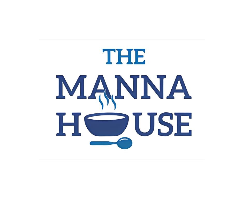 Logo with text "The Manna House," featuring a steaming bowl and spoon as part of the design, on a white background.