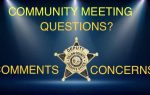 Community meeting questions? Comments concerns, with a Dillon County Sheriff's Office badge in the center, text in yellow on a blue spotlight background.