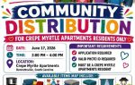 Flyer for Operation Save The Day community distribution event at Crepe Myrtle Apartments, June 17, 2026. For residents only; free household items; photo ID and application required.