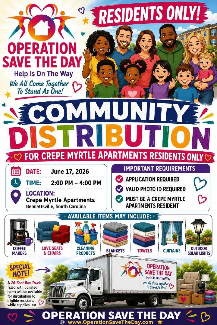 Flyer for Operation Save The Day community distribution event at Crepe Myrtle Apartments, June 17, 2026. For residents only; free household items; photo ID and application required.