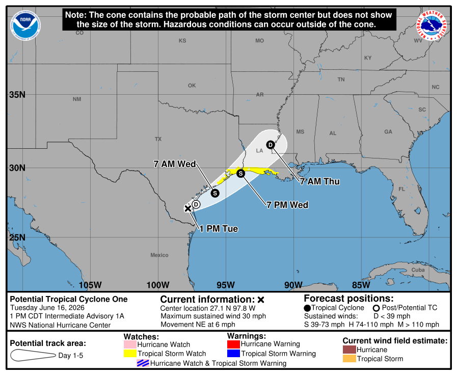 Forecast map showing the projected path and warnings for Potential Tropical Cyclone One in the Gulf Coast from June 16 to June 18, 2026.