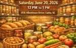 Colorful flyer for a pantry food distribution event with date, time, location, and smiling people. Fresh produce and canned goods shown. Photo ID required for entry.