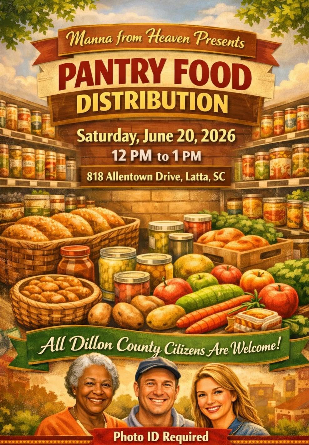 Colorful flyer for a pantry food distribution event with date, time, location, and smiling people. Fresh produce and canned goods shown. Photo ID required for entry.
