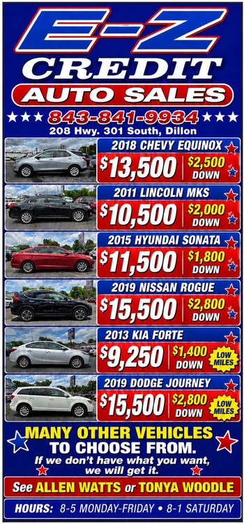 E-Z Credit Auto Sales advertisement with car images, prices, and down payments for various models; contact details and business hours listed at the bottom.