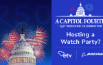 U.S. Capitol dome with fireworks and American flag colors, "A Capitol Fourth 250th Weekend Celebration," "Hosting a Watch Party?" and logos for ETV and Boeing.