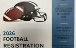 Flyer for 2026 football registration, City of Dillon Parks & Recreation, details on age, fees, deadlines, contact info, and required documents, with a football and helmet illustration.