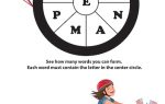 A word puzzle asks players to form words using the central letter "E," with a girl on a decorated red bicycle below and patriotic star decorations.