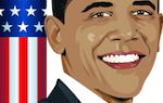 Illustration of a smiling man in a suit, standing in front of a U.S. flag with stars and stripes.