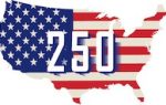 Map of the United States filled with an American flag design and the number 250 in bold white numbers across the center.
