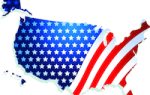 Map of the United States colored with stars and stripes resembling the American flag.
