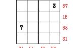 A math puzzle with a 4x4 grid, some cells filled with numbers, sums listed for each row and column, and an eagle illustration in the top right corner.