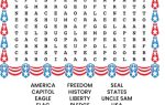 Patriotic-themed USA word search puzzle with a red, white, and blue border. List of 12 words to find, related to America. A completed answer key is shown in the corner.