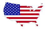 Outline of the United States filled with the American flag pattern, showing stars and stripes in red, white, and blue.