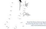 Connect the dots activity featuring a partially drawn figure of Abraham Lincoln, with numbered dots and colored hints for his face, suit, and shoes.