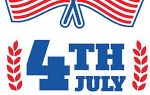 Two crossed American flags above bold text reading “4th July America,” decorated with red laurel branches, celebrating Independence Day in a patriotic style.
