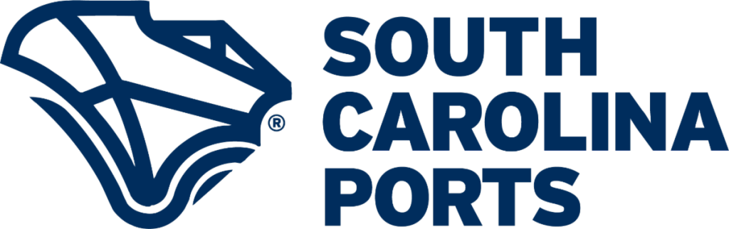 Blue logo with abstract line art and text reading "South Carolina Ports" on the right side.