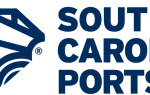 Blue logo with abstract line art and text reading "South Carolina Ports" on the right side.