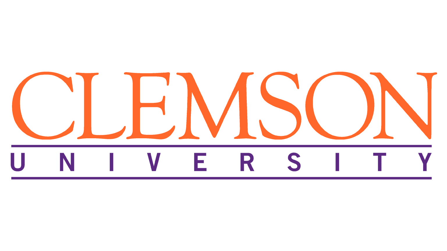 Clemson University logo with "CLEMSON" in large orange letters above "UNIVERSITY" in purple text, separated by a purple line.