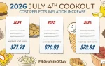 Infographic comparing July 4th cookout costs for 2024, 2025, and 2026, showing average prices rising from $71.22 to $73.82 for ten people.