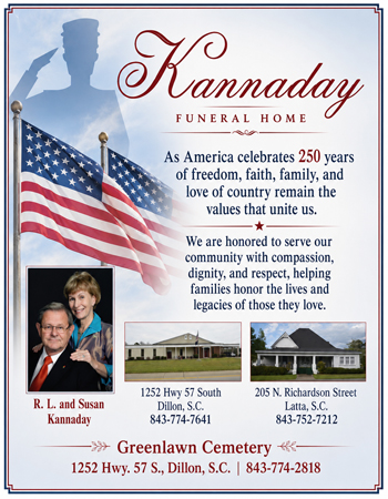 Funeral home advertisement with American flags, a couple’s portrait, building photos, and text about honoring families, compassion, dignity, and Greenlawn Cemetery contact details.