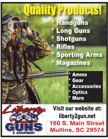 Person in camouflage uses binoculars; gun store advertisement lists handguns, long guns, shotguns, rifles, sporting arms, magazines, and supplies. Website and address provided at the bottom.