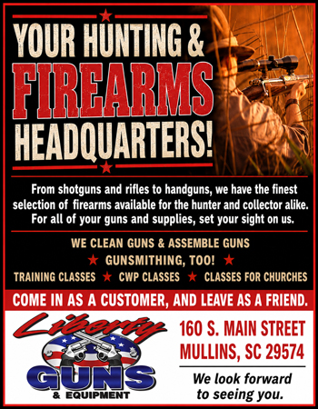Advertisement for Liberty Guns & Equipment, offering firearms, gun cleaning, gunsmithing, classes, and supplies in Mullins, SC. Red, white, and black color scheme with gun image.