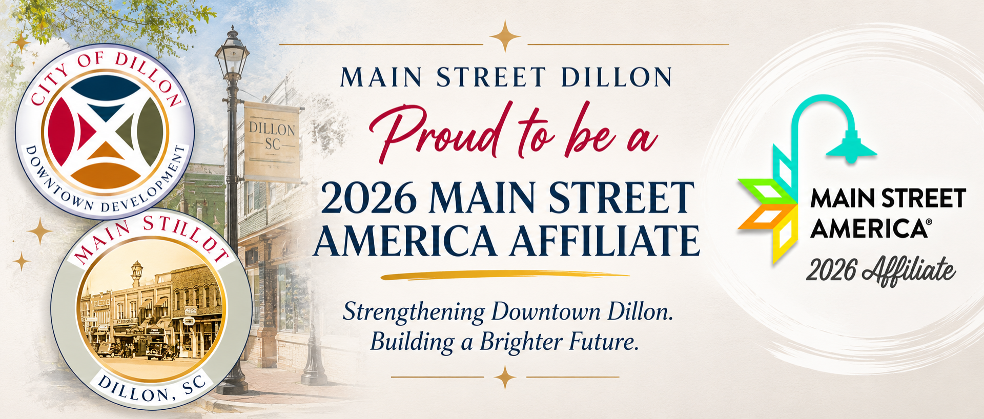 Main Street Dillon announcement: Proud to be a 2026 Main Street America Affiliate, strengthening downtown Dillon and building a brighter future.