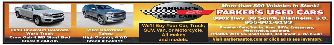 Banner ad for Parker’s Used Cars featuring two Chevrolet vehicles, dealership contact info, and a message about buying all makes and models of vehicles.