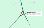 Map showing new traffic pattern at intersection of E National Cemetery Rd and Paper Mill Road, with altered road paths highlighted in red and green.