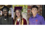 Three smiling teenagers, one wearing a maroon graduation cap and gown with honor cords, others in casual clothes, standing outdoors and against a brick wall.