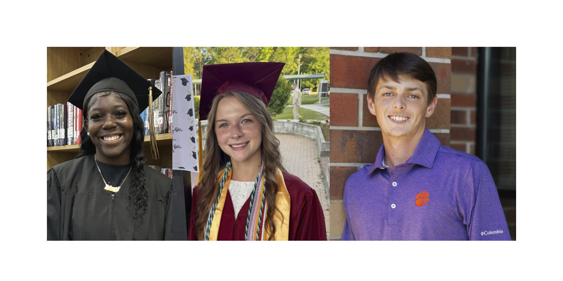 Three smiling teenagers, one wearing a maroon graduation cap and gown with honor cords, others in casual clothes, standing outdoors and against a brick wall.