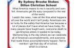 Essay titled "What America Means to Me" discusses security, safety, Memorial Day, and the beauty of the American flag, with a patriotic border of stars and stripes.