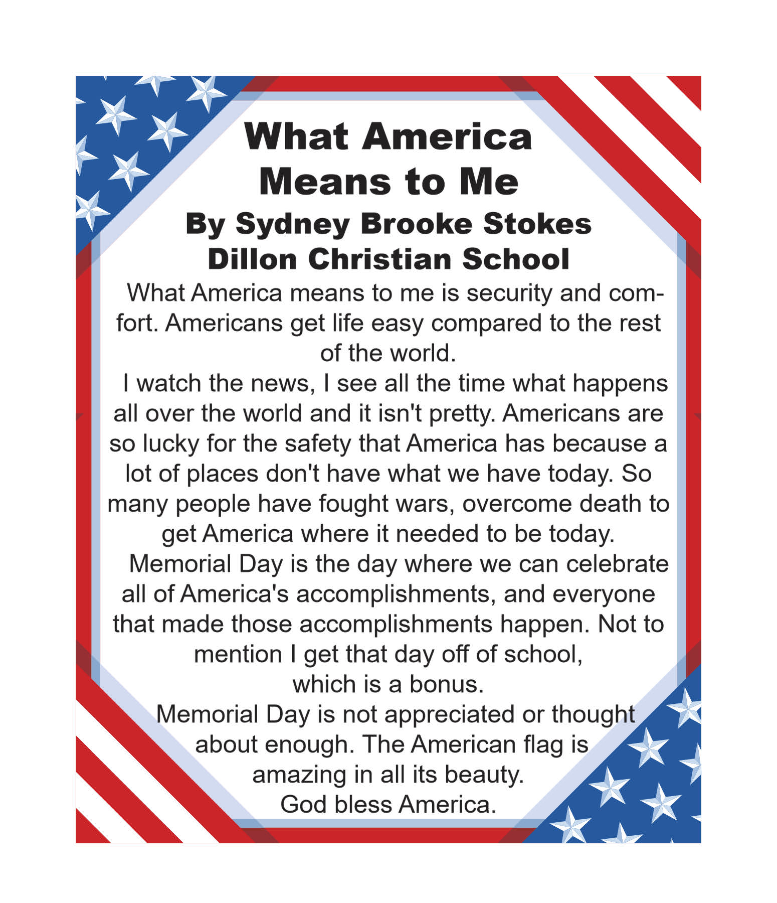 Essay titled "What America Means to Me" discusses security, safety, Memorial Day, and the beauty of the American flag, with a patriotic border of stars and stripes.