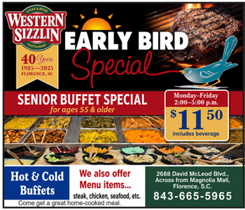 Western Sizzlin advertises an early bird senior buffet special for ages 55+, $11.50 with beverage, Monday–Friday 2–5 p.m., with a buffet image and contact details.