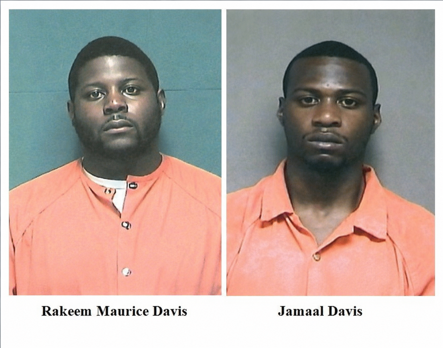 Two men in orange prison uniforms in mugshot-style photos, with the names Rakeem Maurice Davis and Jamaal Davis displayed below their respective images.