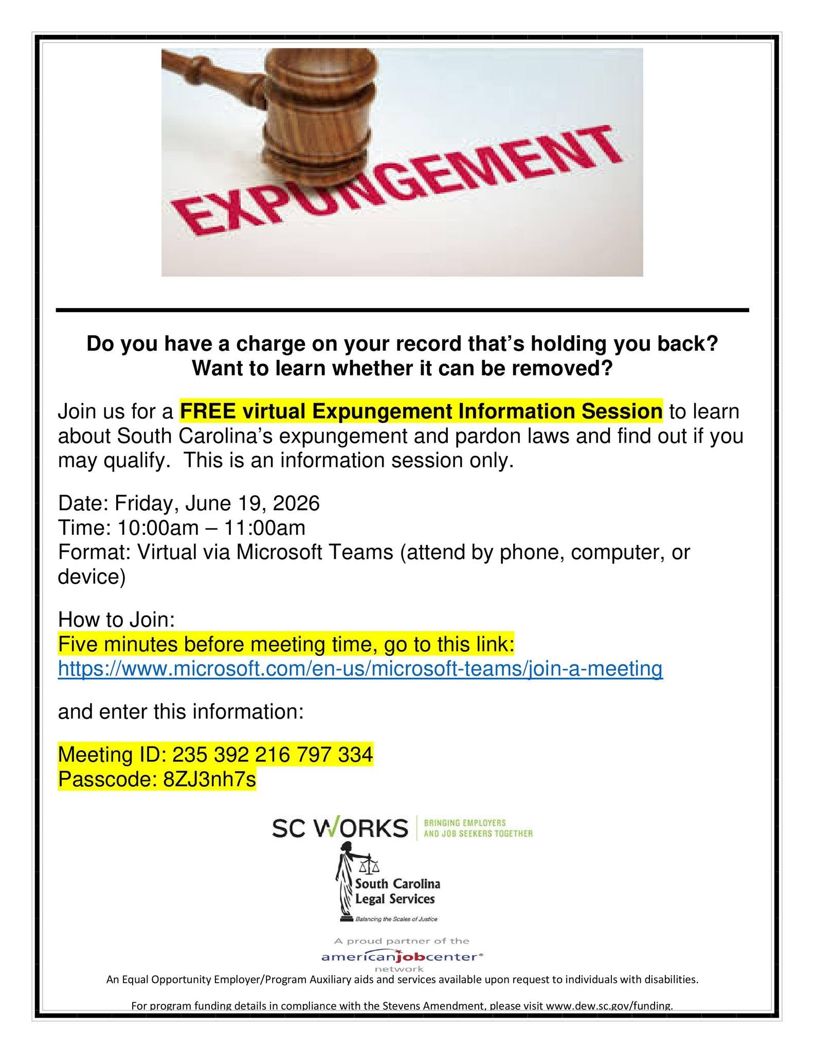 Flyer for a free virtual Expungement Information Session by South Carolina Legal Services, with meeting details, link, and date: June 19, 2026.