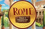 Large gold coin with the text "Rome: Paul and the Underground Church" over illustrated ancient Roman buildings and columns in the background.